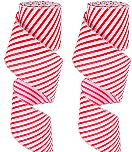 2 Rollen Weihnachten Pfefferminz Streifen Weihnachtsband mit Drahtkanten Rot und Weißes Drahtband Zuckerstange Wickelband für Weihnachtskranz Schleife Handwerk Dekoration (2,5 Zoll)