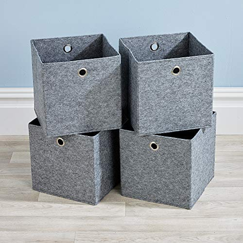 Home Source Cube Storage Boxes, Collapsible Fabric Storage Baskets, Foldable Canvas Organising Boxes, 4 Piece, Felt Grey