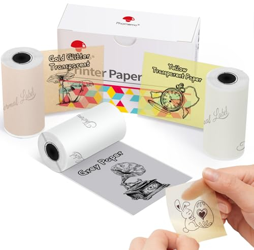 Phomemo Papier für Phomemo T02,M02,M02S,M02PRO,M03,M03AS,M04S,M04AS Minidrucker, Metallgrau Durchscheinend/Gelb Transparent/Gold Glitter Transparentes Papier, 53mm x 3,5mm, 3 Rollen
