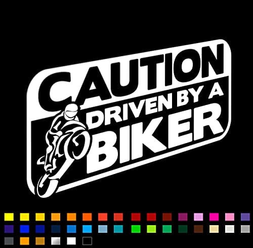 Fear7FX CAUTION Driven By A Biker Car Sticker, Vinyl Decal Sticker, Car Window Bumper Sticker, Caravan Sticker, 200mm