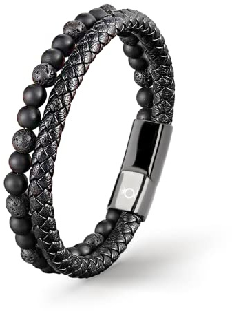 UNIQAL | Echtleder Armband Herren mit Natursteinen PASSION Mens nature stone Bracelet | Edelstahl, Männer | Etui Box Gratis (LAVASTEIN SCHWARZ, 19)
