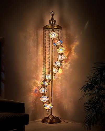 DEMEX Lampada da terra turca in mosaico marocchino stile Tiffany con 11 globi, lampada da terra turca per soggiorno, camera da letto, sala da pranzo, ufficio, 100% fatta a mano in Turchia, 210cm