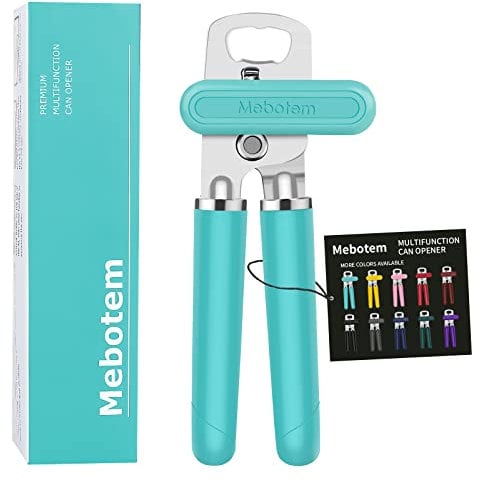 Mebotem 10 Colors Can Opener Manual Handheld Heavy Duty Hand Can Opener Smooth Edge Stainless Steel Can Openers Top Lid Kitchen Gadgets, Best Large Rated Easy Turn Knob, with Bottle Opener, Aqua Sky