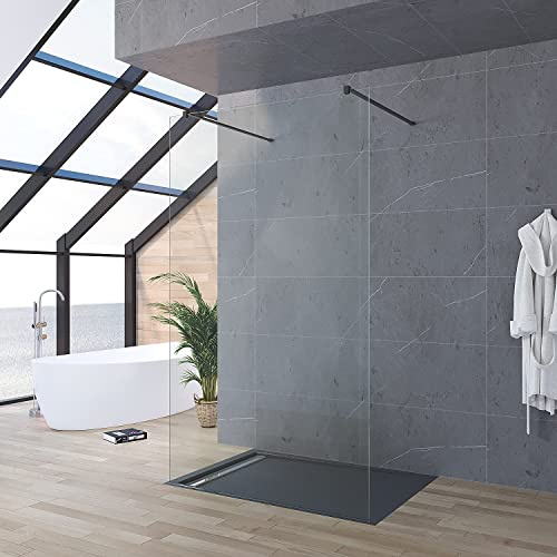 Walkin Dusche freistehend 117x200 cm Duschabtrennung Begehbare Duschwand Glas Bodengleich Glasduschwand Glastrennwand Barrierefrei Glaswand 8 mm Klarglas NANO Beschichtung Stabilisationsbügel schwarz