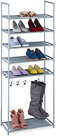 Relaxdays Schuhregal 6 Ebenen, Stecksystem, für 12 Paar Schuhe, Flur, 4 Stiefelhaken, Metall & Stoff, Schuhablage, grau