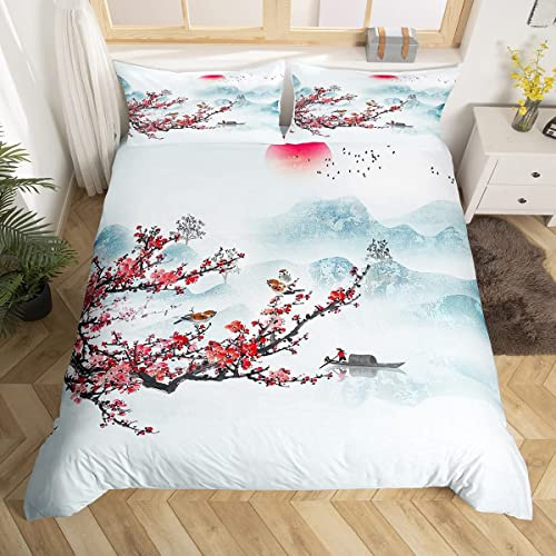 Homewish Cherry Blossoms Bedding Set For Adult Women Girls Chinese Style Landscape Painting Duvet Cover Red Floral Print Comforter Cover Brids Decor Bedding Collections With 2 Pillowcase King Size