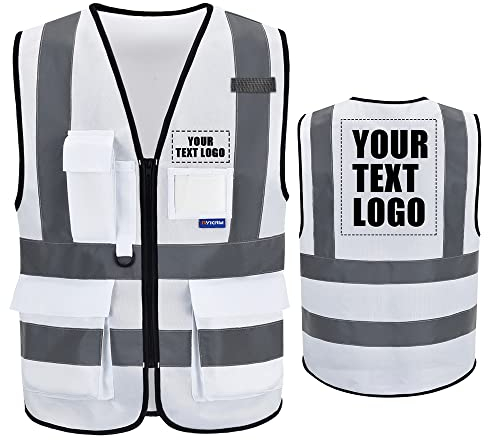 AYKRM 6XL 7XL 8XL weiße warnweste Personalisierte bedruckbare Warnweste aufdruck mit Text oder mehrfarbigem Logo und Mehreren Taschen, Warnschutz Arbeitsweste Sicherheitsweste mit bedruckbare