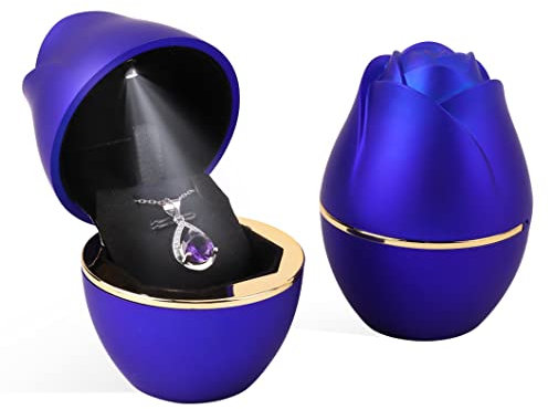 Rolin Roly Königsblau Anhänger Halskette Box mit LED-Licht Roseform Box Geschenkboxen aus Samtschmuck Necklace Gift Box für Ohrringe Hochzeit Verlobun