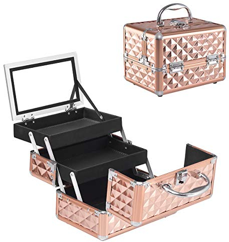 LIFEZEAL Kosmetikkoffer, Schminkkoffer für Reise, Make up Koffer im Rautenmuster, Abschließbare Beauty Case mit Spiegel & Griff, Etagekoffer mit 3 Aufbewahrungsablagen, Alu, 23x15x15cm(Rosa)