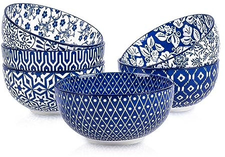 Selamica Keramik Müslischalen Set, 680 ml Dessertschalen, Suppenschalen für Küche, Schüssel Set für Salat, Pasta, Haferflocken, Ramen, Mikrowellen- und Spülmaschinenfest, 6er Set, Vintage Blau