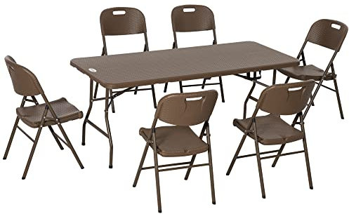 Outsunny Patio 7 PCs Resin Rattan Dining Set, Foldable Chairs and Table, with HDPE Molding Process, Portable, Space-saving for Indoor & Outdoor, Dark Brown
