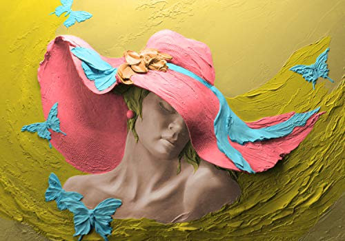 wandmotiv24 Fototapete Skulptur Frau blau Schmetterlinge, 300 x 210 cm - selbstklebende Strukturtapete, Wanddeko, Wandbild, Wandtapete, gelb Wand Gips rosa Hut Blume M5275