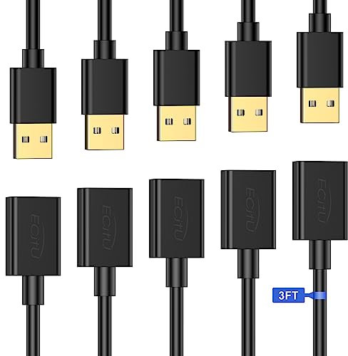 USB Extender Cord 3FT(5 Pack), USB 2.0 Extension Cable, USB A Male to Female, Compatible for USB Flash Drive, Hard Drive, Card Reader, Webcam, Printer, Keyboard, Mouse, Playstation, Xbox, VR Headset