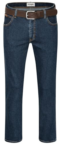 Wrangler Texas Herren-Stretchjeans Regular Fit Authentic Straight in verschiedenen Waschungen mit Gürtel in schwarz oder braun (W36/L36, Darkstone + brauner Gürtel)
