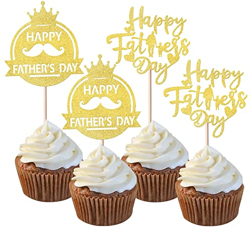 24 Stück Happy Father's Day Cupcake Toppers Best Dad Tortendeko Super Dad Crown Moustache Tortendekorationen für Happy Father's Day Party Männer Geburtstag Party Cake Decoration Gold