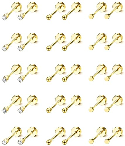 Adramata Piccoli Orecchini a Bottone per Uomo Donna Acciaio Chirurgico Orecchini Cerchio Orecchini Punto Luce Set Piercing Multipli Ipoallergenici Tragus Cartilagine Orecchio Piercing Gioielli, 20G,AG