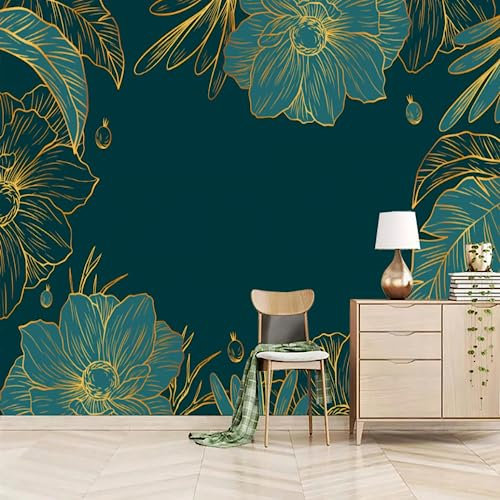 GIVLWF Papier Peint Intissé de Fond Vert Premium De Luxe, Motif Fleur D'or Déco de La Maison - Pour Salon Chambre D'enfant Décoration Murale 430 x 300 cm