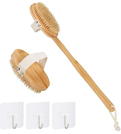 Relaxdays Rückenbürste, 2 abnehmbare Aufsätze, Naturborsten, Langer Stiel, Haken, Bambus Körperbürste, 6-TLG. Set, Natur