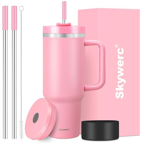 Gobelet de 1200 ml avec poignée et paille, couvercle 2 en 1, bouteille d'eau isotherme à double paroi en acier inoxydable – Tasse de voyage – Cadeau de vacances pour homme et femme – Rose