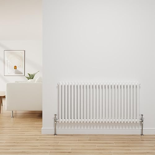 NRG Traditional Radiator Gloss White 2 Column Horizontal 600x1190mm | Central Heating Bathroom Radiator, Wall Mounted, Column Radiator, Designer Radiator, Mild Steel, for Kitchen, Living Room