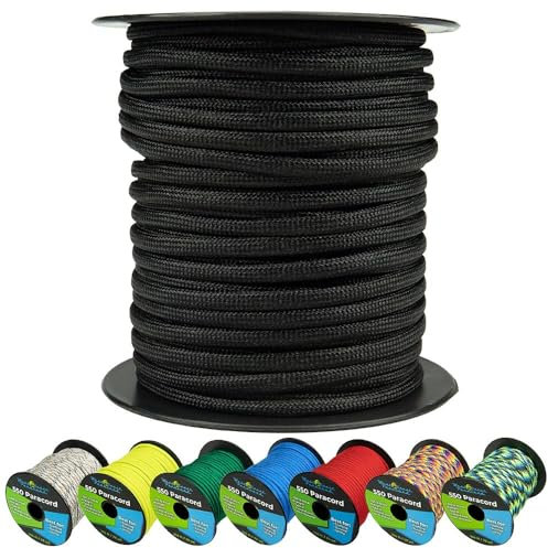 West Coast Paracord Bobine Paracord da 250 kg, 7 fili, tipo III, corda tattica per paracadute, escursionismo, campeggio e pesca, colore nero (15,2 m)