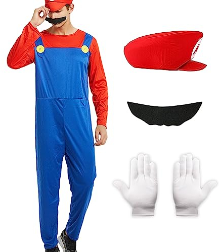 Ficlwigkis Cosplay Kostüm Cartoon Kostüm Set,4 Pcs Cosplay und Cartoon Bodysuit Kostüm Herren Damen mit Hut Handschuhe Bart für Karneval Halloween Cosplay (Rot/Herren, S)