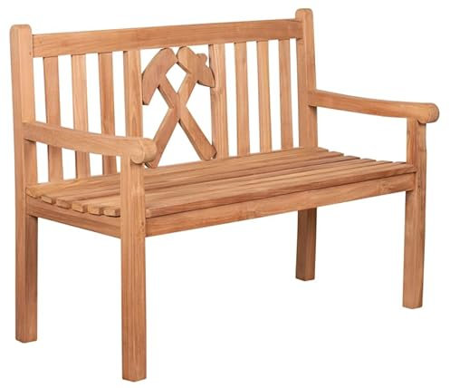 MR. DEKO® Gartenbank Motiv Teakholz | Holzbank mit Lehne | Friesenbank für draußen | 2-Sitzer 120x60x94 cm | Sitzbank Teak massiv & wetterfest Garten Balkon Terrasse | Parkbank zum Relaxen (Glückauf)