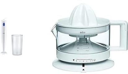 Braun Frullatore a Immersione MQ10.001PWH + Bicchiere graduato 600ml, 5 ANNI DI ASSISTENZA, Leggero & CJ3000 Spremiagrumi, rotazione a destra e sinistra, avvio e arresto automatici