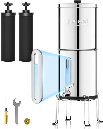 Purewell - Système d'ultrafiltration par Gravité, Certifié EU 98/37/EC, Système de Comptoir en acier Inoxydable 304 avec 2 Filtres et Supports 8,5 Litres