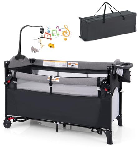 DREAMADE 5 in 1 Reisebett Baby, 120 x 60cm Beistellbett mit Matratze & Wickeltisch, Spieluhr & Spielzeug, höhenverstellbares Babybett für Baby ab Geburt(Dunkelgrau)