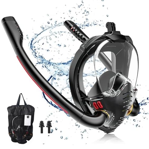 dellyy Máscara de Buceo, 180° Panorámica Mascara Buceo, Anti-Vaho Anti-Fuga Mascara Snorkel, Máscara de Snorkel Integral para Adultos y Niños, con Tapones para los oídos Impermeables (Negro, S/M)