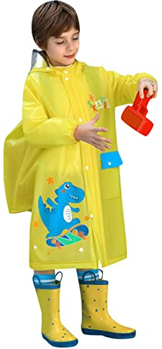 FGUUTYM Chubasquero niños niño dibujos animados dinosaurio patrón EVA poncho con sombrero, bolso, ubicación, botón de moda, poncho de bicicleta niños, amarillo, 3-4 Años
