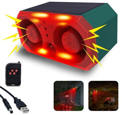 Sirena a energia solare per sensori di movimento da esterno, 130dB x 2 altoparlanti, 13 modalità sonore integrate Cani che abbaiano e spari , con telecomando per cortile, fattoria,