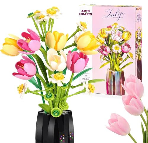 wanweimei Tulpen Blumenstrauß Bausteine Set, Künstliche Blumen Bausatz mit Vase, DIY Botanik-Kollektion Hausdeko Geschenk, Geeignet für Erwachsen, Sie & Ihn (1250 Teilige)