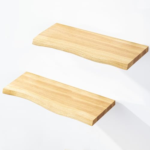 LAMO Manufaktur 2 Stück Wandregal aus Holz mit unsichtbarer Befestigung 2X 40cm | Wandregal aus 100% echtem Holz | Hängeregal für Wohnzimmer, Wandregale Set 2 Baumkante | Regal Farbe: Natur