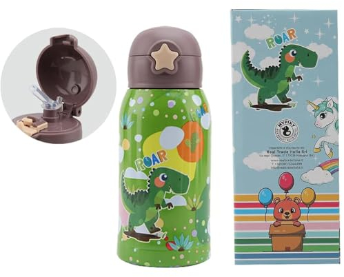 Bouteille isotherme Dinosaures avec ouverture automatique pop-up 500 ml bouteille enfant en acier inoxydable température contrôlée