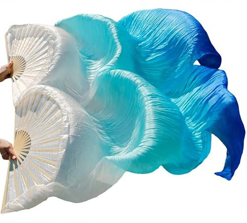 MEETOZ 1 Pair 1.8M 100% Real Silk Belly Dance Fan, National Dance Dancing Long Bamboo Fan for Party Stage Performance (White Blue Gradient)