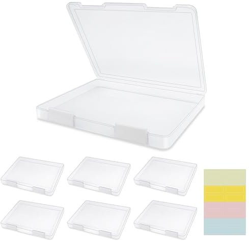 Pechor 6 Pcs A4 File Box Clear Plastic Storage Box Paper Organizer Board Game Storage Scrapbook Paper Storage Holder with Buckle and Sticker Labels, White