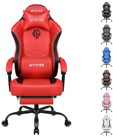 SITMOD Sedia da Gaming, Poltrona Racing Ergonomica Sedie Gaming, Poggiapiedi E Supporto Lombare, 90°-150°Schienale Inclinabile, Rotazione 360° Direzionale Altezza Regolabile Sedia da Ufficio，Rosso