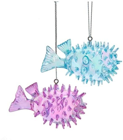 The Bridge Collection Set mit 2 schillernden Kugelfischen – 7,6 cm blau und lila Acryl Blasfisch Weihnachtsschmuck – Meerestier-Strand-Ornamente