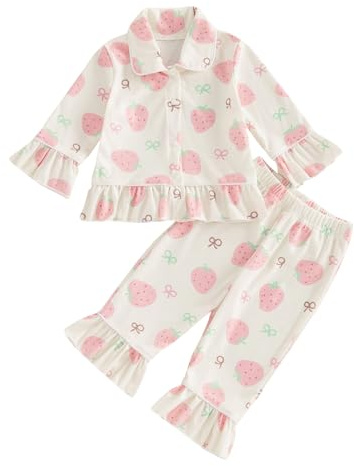 Toddler Kid Baby Girls 2Pcs Pajama Set Strawberry/Butterfly Print Sleepwear Spring Autumn Long Sleeve Ruffle Shirt Top Long Pants