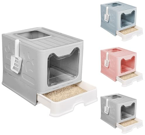 OHMG Katzenklo Edelstahl, Katzentoilette mit Deckel+Zubehör Inklusive Schaufel und Matte,Katzen Klo Geschlossen Groß, XXL Cat Litter Box,Ausziehbares Tablett (Asche-51 * 41 * 38cm)