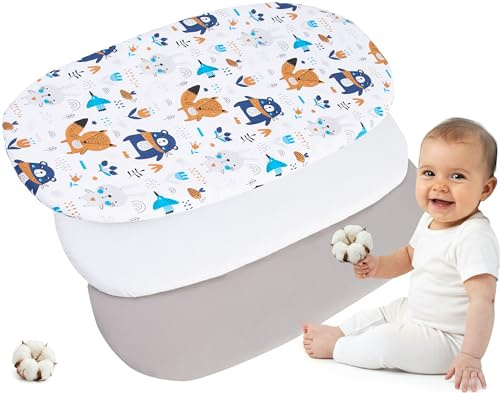 Medi Partners Baby Spannbettlaken Kinderwagen Laken 86x40 3-Pack Bettlaken Stubenwagen - 100% Baumwolle Fitted Sheet für Beistellbett Babybett Bezug (Boho Animals-Weiß-Graue)