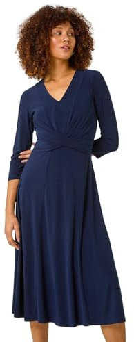 Roman Fit and Flare Dress for Women Ladies Chest Twist Knot Ruched Tea Skater Empire Waist Wedding Guest Smart Casual Swing Midi 3/4 Long Sleeve Knee Length - Navy Blue - Size 20