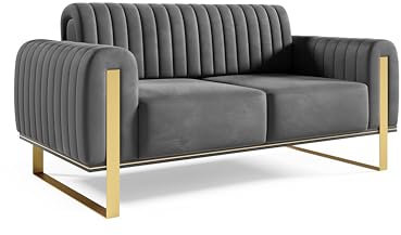 FURNISTAR Premium Pier Sofa 2-Sitzer, Glamour Design, Polstersofa mit drehbarer Rücklehne, Couch, Sofagarnitur, Wohnzimmer, goldene Metallfüße, Velour-Stoff - Dunkelgrau