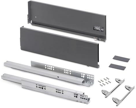 Emuca - Tiroir Coulissant Cuisine Vertex avec réglages 3D, H 178mm, 40kg, épaisseur de Panneau de 18mm, Profondeur 500mm, Acier, Gris Antracite