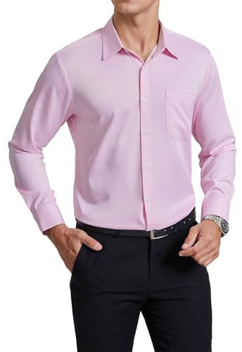 Enlision Camicia Rosa Uomo Maniche Lunghe Elasticizzata Non Stiro Antipiega Taglio Regolare con Bottoni e Tasca per Ufficio Cerimonia Formale 3XL