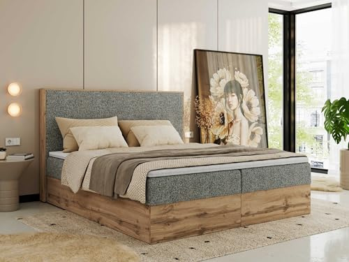 MKS MEBLE Boxspringbett 200x200 mit Bettkasten Holz Holzrahmen, Boxbett mit Matratze H4 und Kopfteil - Grau Strukture - Wood Classic mit Topper T25