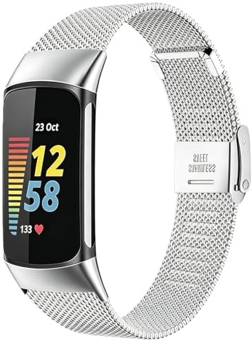 Aurain 18 mm Edelstahl Metall Armband für Fitbit Charge 6/Fitbit Charge 5,Unisex Ersatzarmbänder.