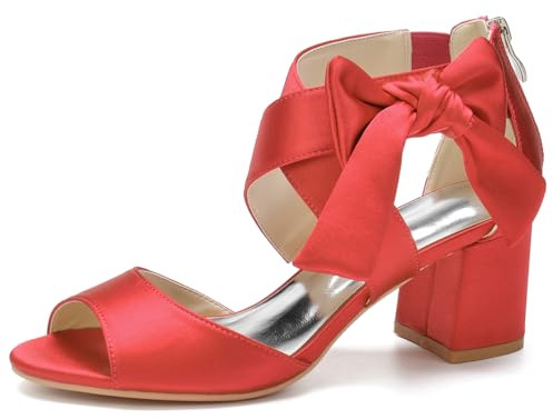 GHSIRUEU Womens Heeled Sandals Bow Knot Cross Strap Open Toe Block Chunky Heels Sandals Bridal Wedding Dress Shoes Pumps,Red,6 UK